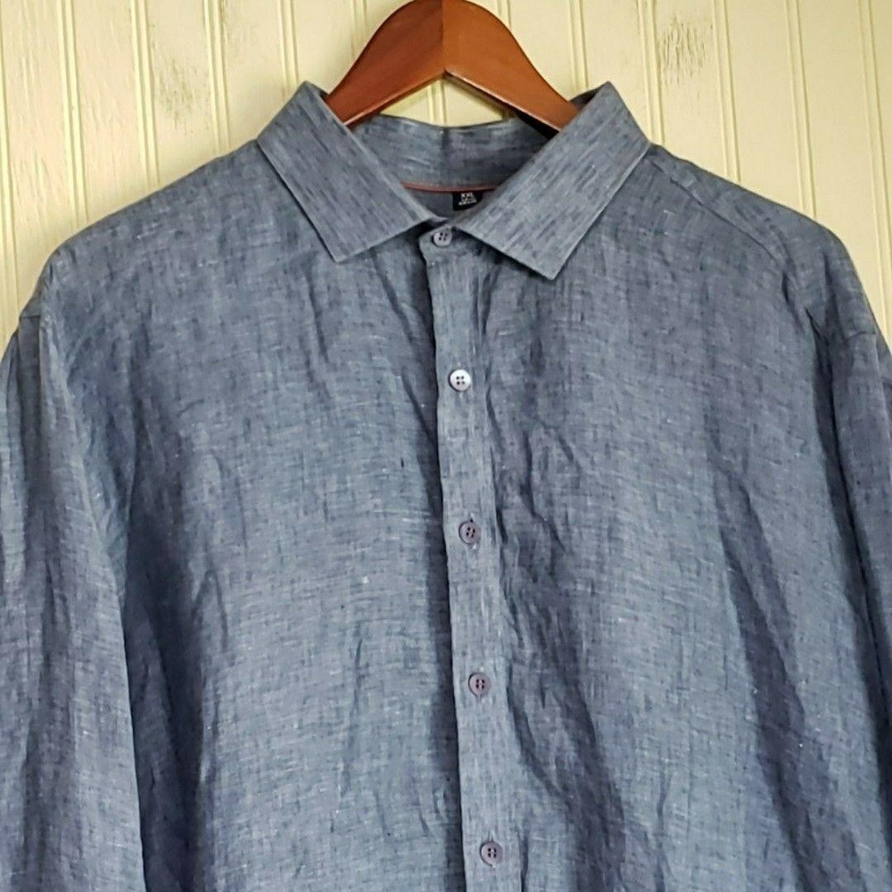 Monti Shirt Mens 2XL Blue Long Sleeve Linen Cotton Button-Up Italian Casual